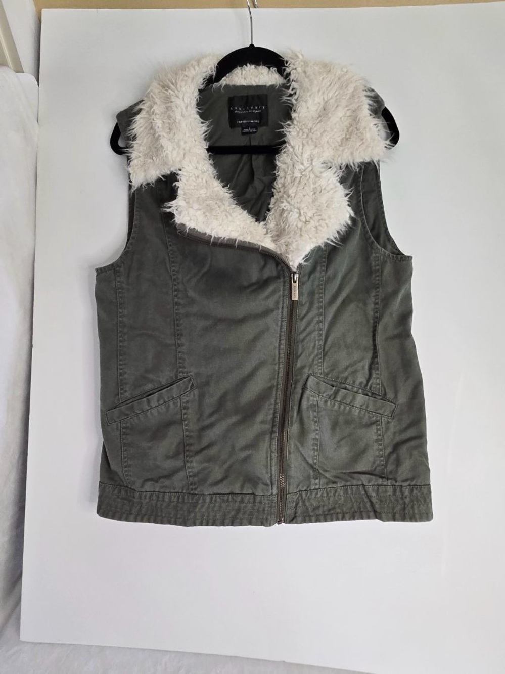Sanctuary Olive Utility Vest with Cream Faux Fur Collar